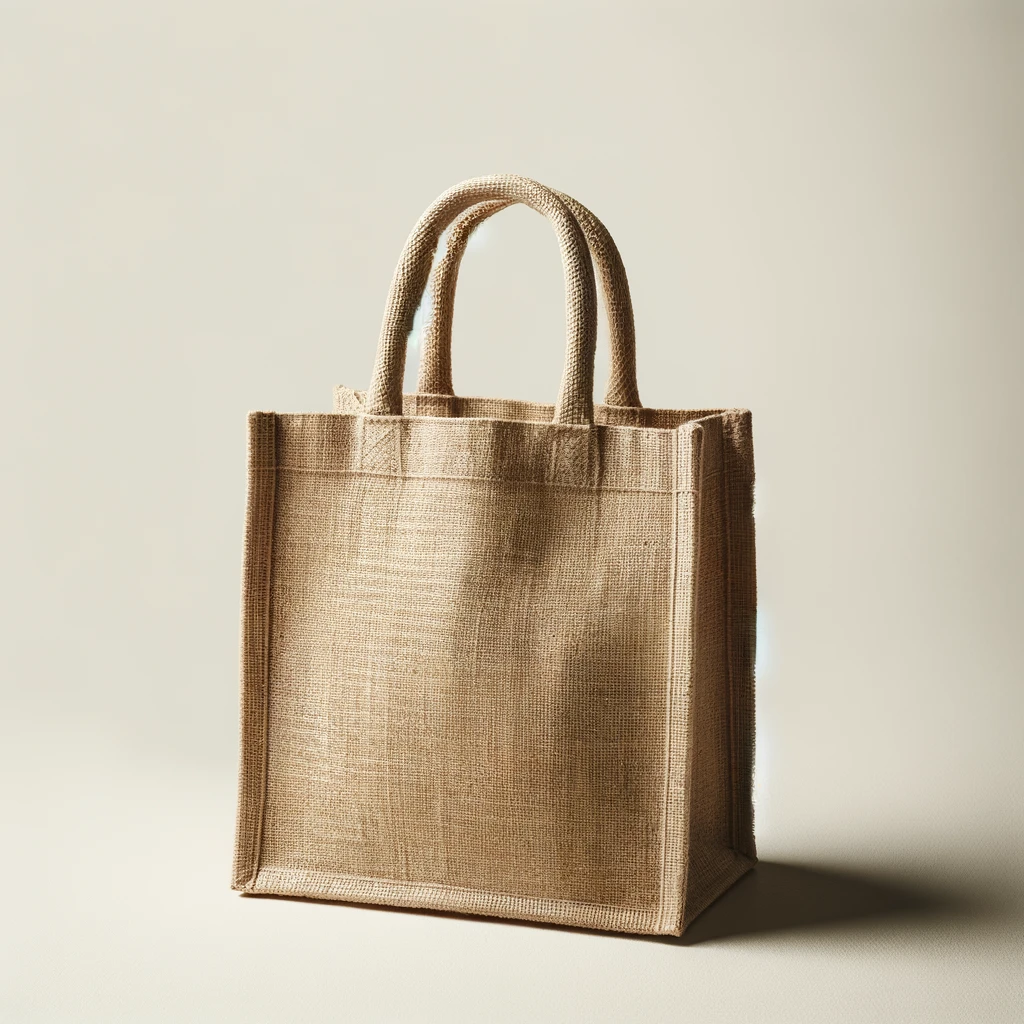 DALL·E 2025-01-11 16.47.23 - A single eco-friendly carry bag made from jute fabric in plain beige color. The bag has a rustic and natural texture with a minimalistic design, featu jute bag