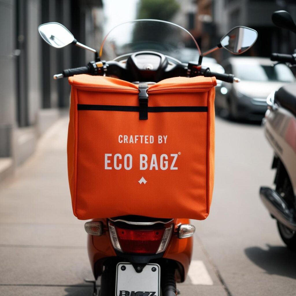 create an image of an orange color delivery bag which delivery boys put on their motor bike. with print on it written crafted by Eco Bagz delivery bag